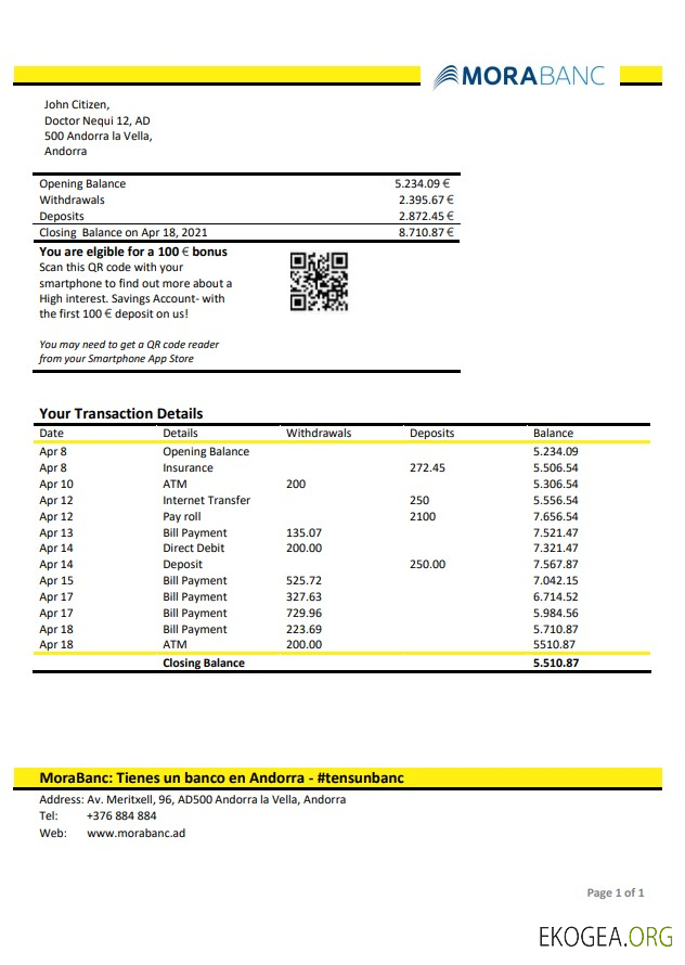Andorre MoraBank relevé bancaire
